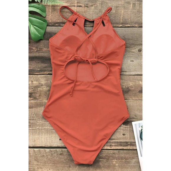 NWT Women's Cutout High Neck Back Tie One Piece Swimsuit - Orange - Large - Picture 2 of 5